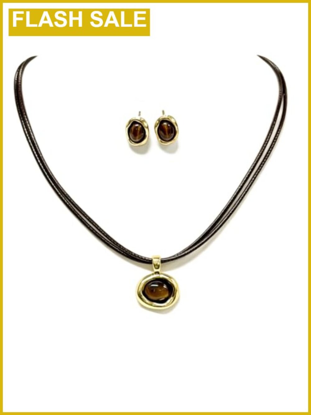 Vintage Tiger's Eye Style Oval Necklace Earrings Jewelry Set Zinc Alloy